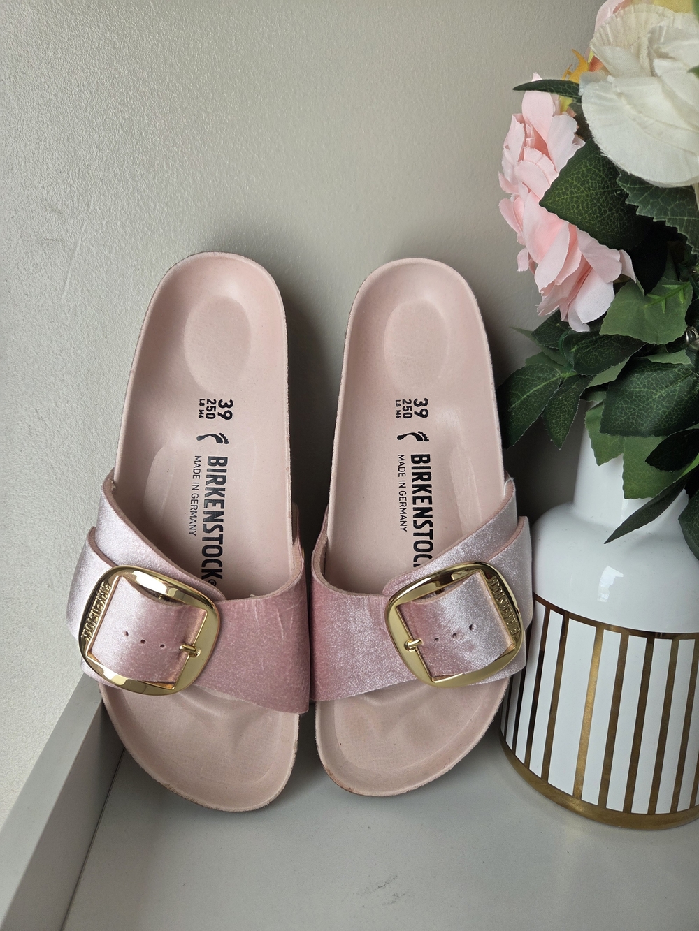Birkenstock Pink Slide Sandals with Gold Buckles - Picture 6 of 16